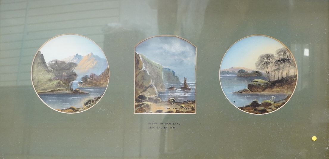 George Salter (late 19th. C), 'Views in Scotland', set of three oils, mounted and framed as one, inscribed to the mount, overall 30 x 60cm